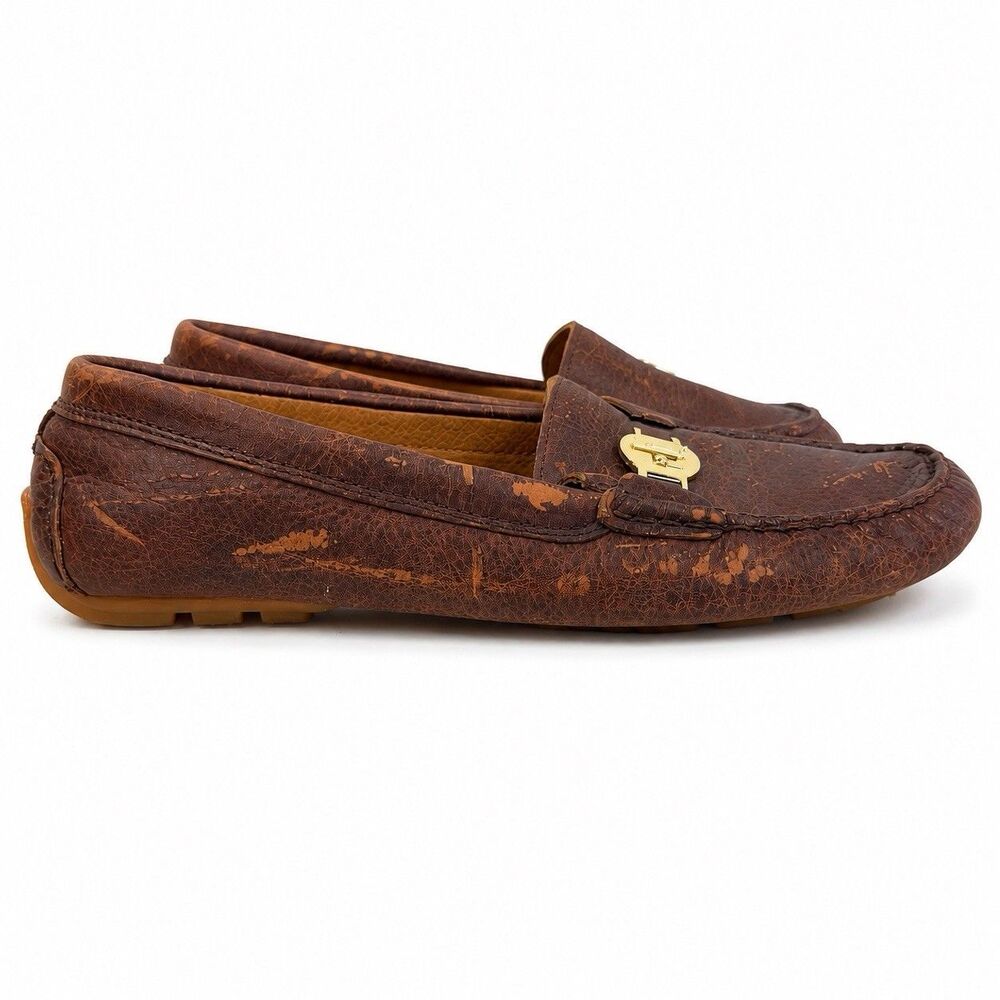 Ralph Lauren Carley Driving Loafers Womens 9.5B Brown Leather Gold Logo Moccasin